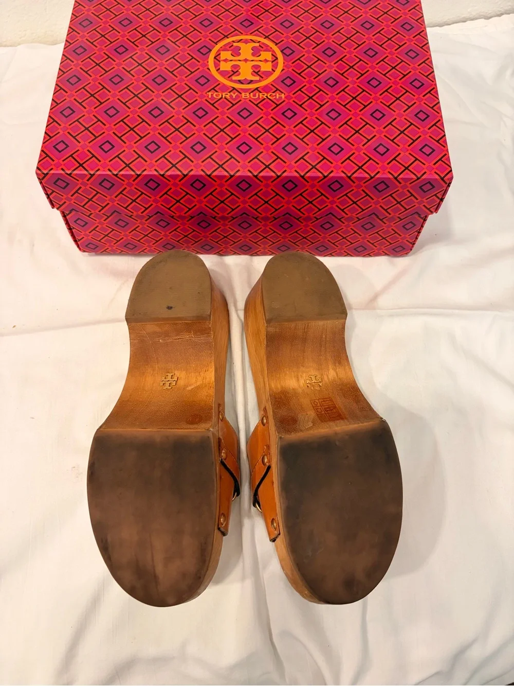 Tory Burch Tan Leather Slide Mules with Gold-Tone Chain